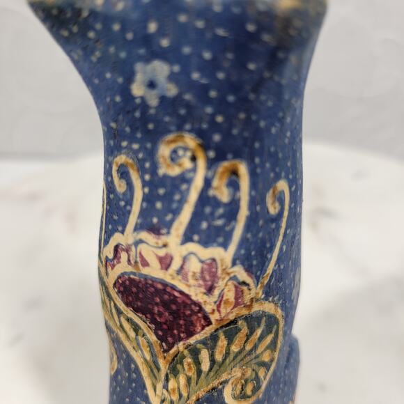 VTG Wooden Cat Shelf Sitter 6" Blue Hand Made Carved Painted Paisley Floral - Picture 12 of 16